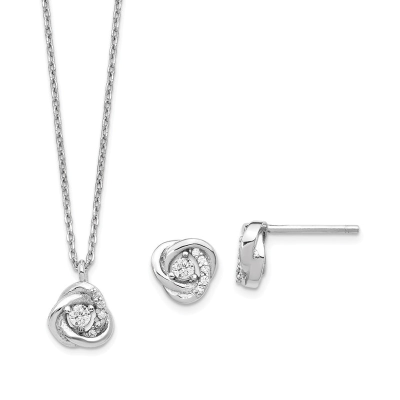 Sterling Silver Rhodium-Plated Cz Love Knot Earrings W/2In Ext Necklace Set