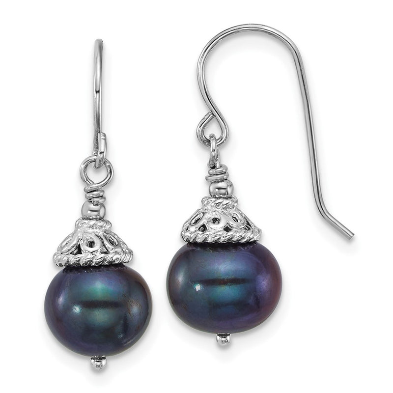 Sterling Silver Rhodium Plated Black Fwc Pearl 18in Necklace/earrings Set