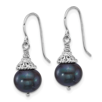 Sterling Silver Rhodium Plated Black Fwc Pearl 18in Necklace/earrings Set