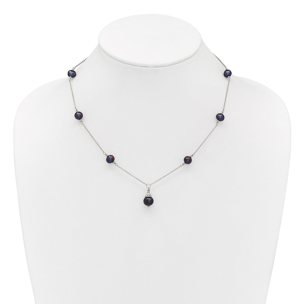 Sterling Silver Rhodium Plated Black Fwc Pearl 18in Necklace/earrings Set