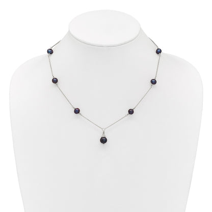 Sterling Silver Rhodium Plated Black Fwc Pearl 18in Necklace/earrings Set