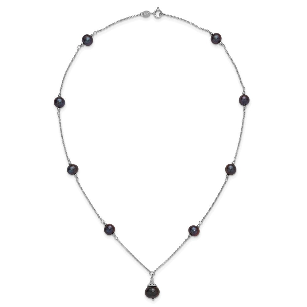 Sterling Silver Rhodium Plated Black Fwc Pearl 18in Necklace/earrings Set