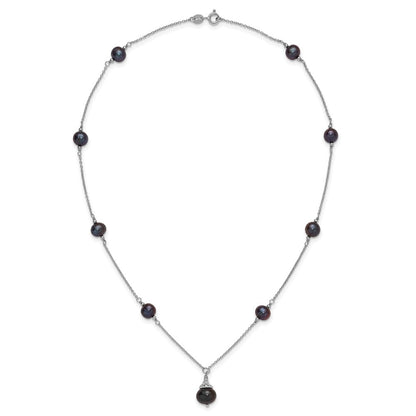 Sterling Silver Rhodium Plated Black Fwc Pearl 18in Necklace/earrings Set