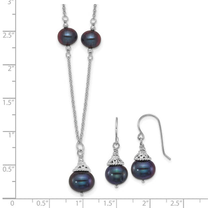 Sterling Silver Rhodium Plated Black Fwc Pearl 18in Necklace/earrings Set