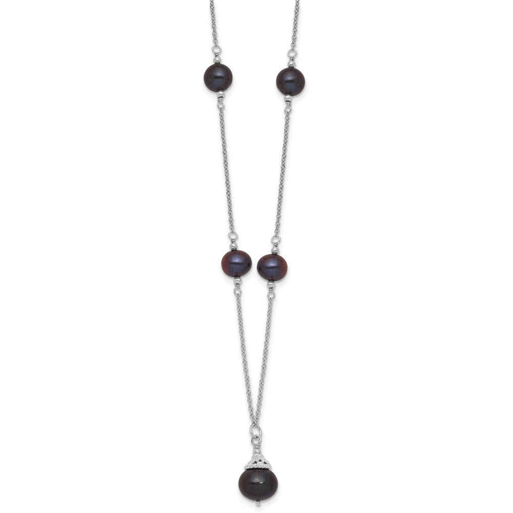 Sterling Silver Rhodium Plated Black Fwc Pearl 18in Necklace/earrings Set
