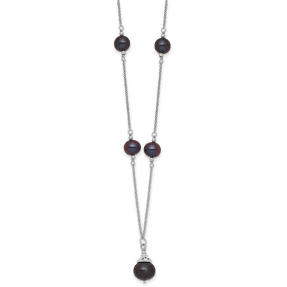 Sterling Silver Rhodium Plated Black Fwc Pearl 18in Necklace/earrings Set