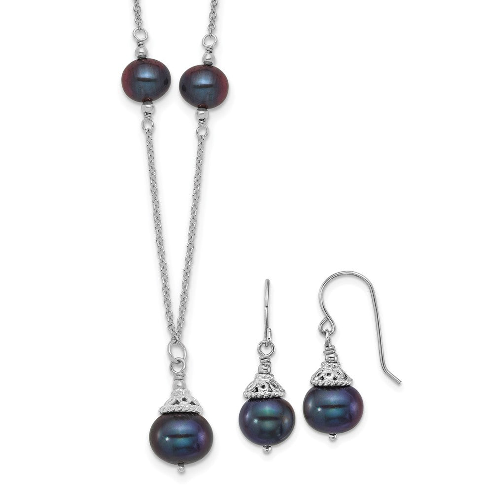 Sterling Silver Rhodium Plated Black Fwc Pearl 18in Necklace/earrings Set