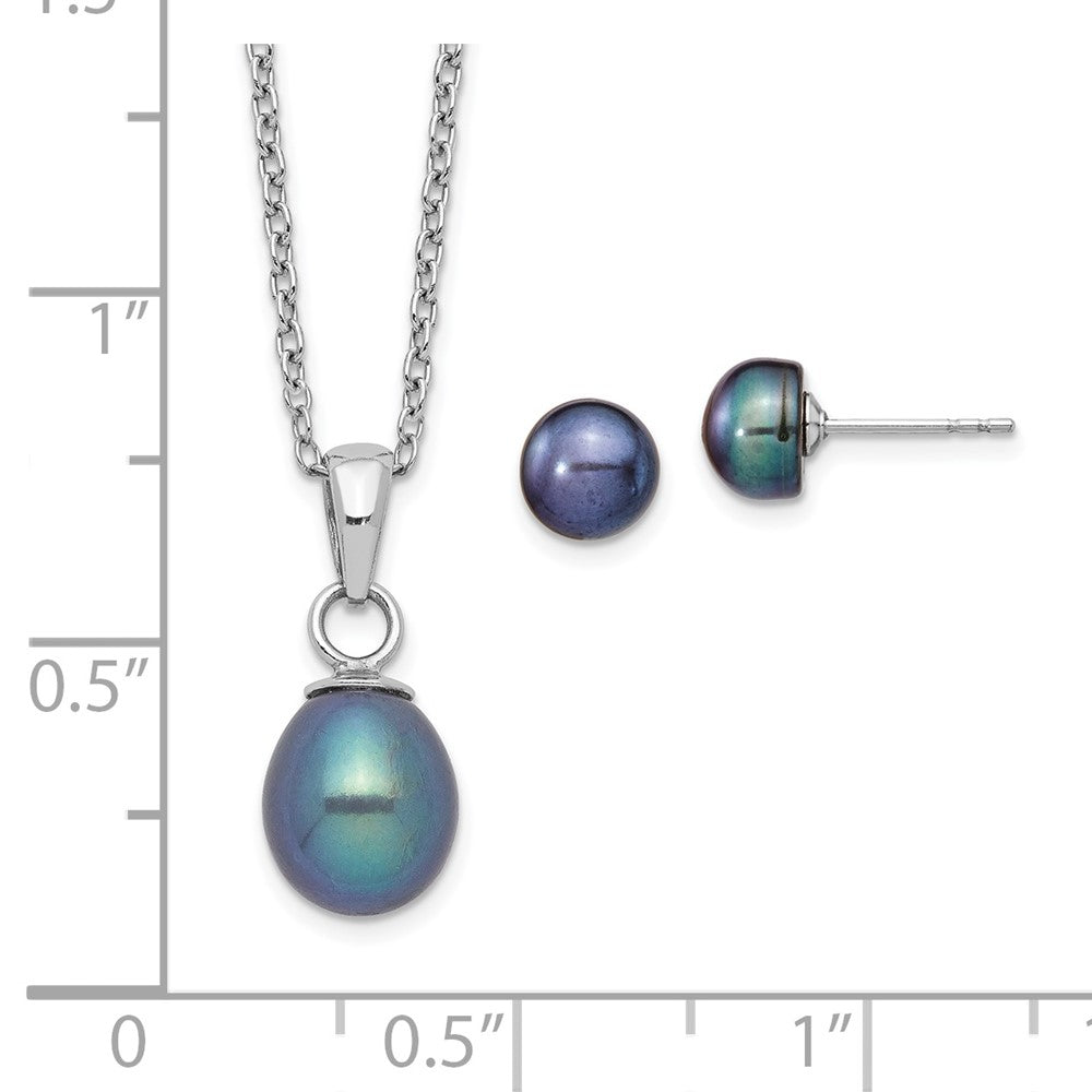 Sterling Silver Rhodium-Plate Fwc Black Pearl Necklace/Earrings Set