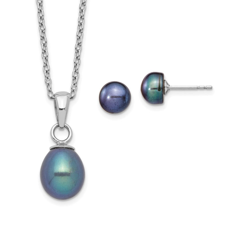 Sterling Silver Rhodium-Plate Fwc Black Pearl Necklace/Earrings Set
