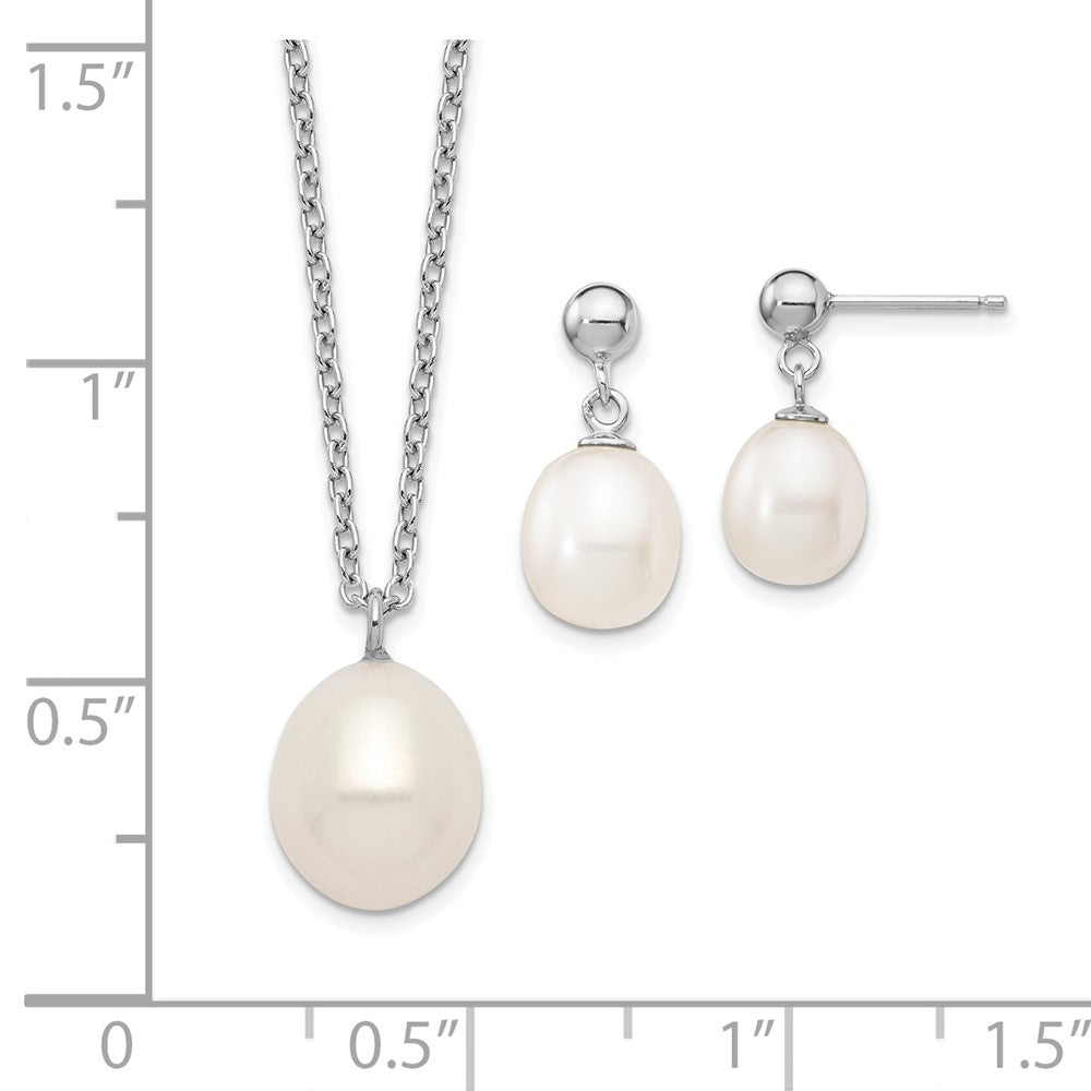 Sterling Silver Rhodium-Plated 8-9mm Rice Fwc Pearl Necklace/Earrings Set