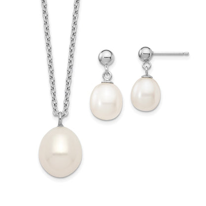 Sterling Silver Rhodium-Plated 8-9mm Rice Fwc Pearl Necklace/Earrings Set