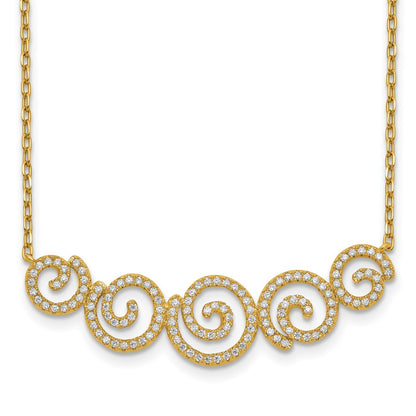 Sterling Silver Shimmer Gold-Tone Flash Gold-Plated 133 Stone Cz Swirls Necklace With 2 Inch Extender
