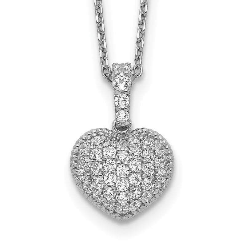 Sterling Silver Shimmer Rhodium-Plated 16 Inch 40 Stone Heart Cz Necklace With 2 Extender