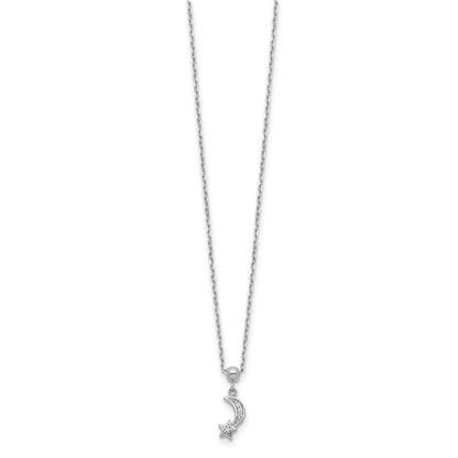 Sterling Silver Shimmer Rhodium-Plated 4 Stone 16 Inch Moon And Star Cz Necklace With 2 Extender