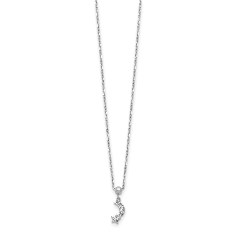 Sterling Silver Shimmer Rhodium-Plated 4 Stone 16 Inch Moon And Star Cz Necklace With 2 Extender