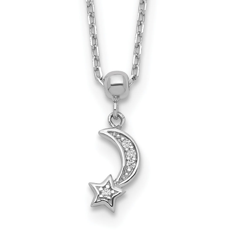 Sterling Silver Shimmer Rhodium-Plated 4 Stone 16 Inch Moon And Star Cz Necklace With 2 Extender