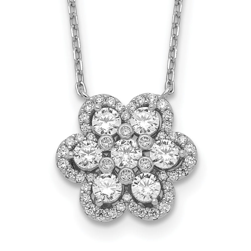 Sterling Silver Shimmer Rhodium-Plated 15.75 Inch 55 Stone Flower Cz Necklace With 2 Extender