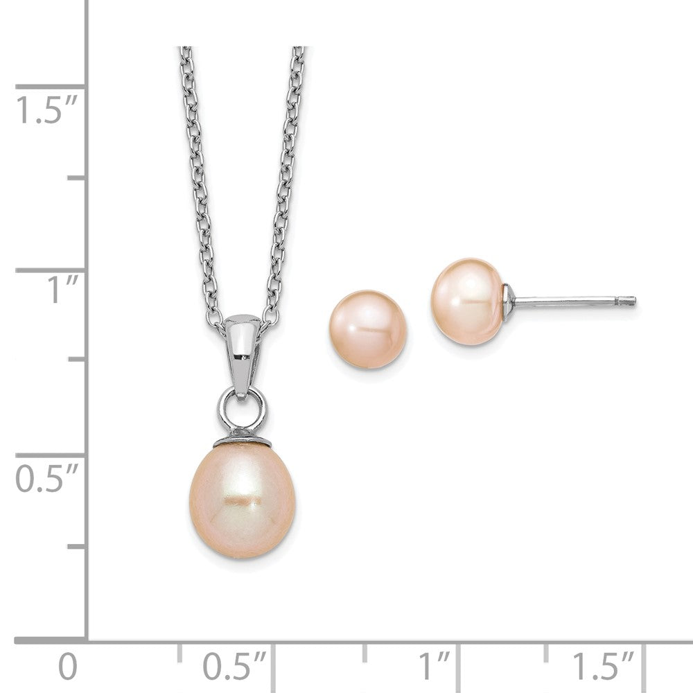 Sterling Silver Rhodium-Plated Pink Fwc Pearl Necklace/Earrings Set