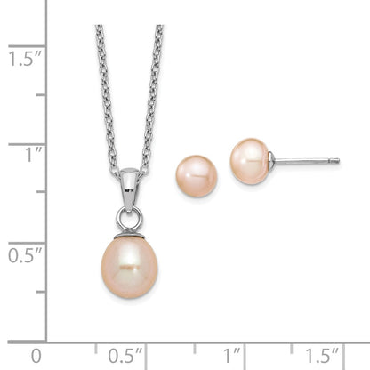 Sterling Silver Rhodium-Plated Pink Fwc Pearl Necklace/Earrings Set