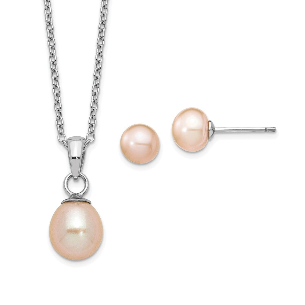 Sterling Silver Rhodium-Plated Pink Fwc Pearl Necklace/Earrings Set