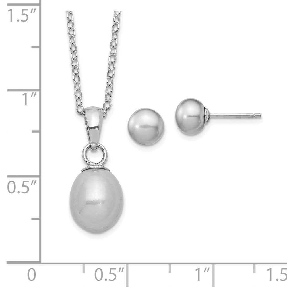 Sterling Silver Rhodium-Plated Fwc Grey Pearl Necklace/Earrings Set