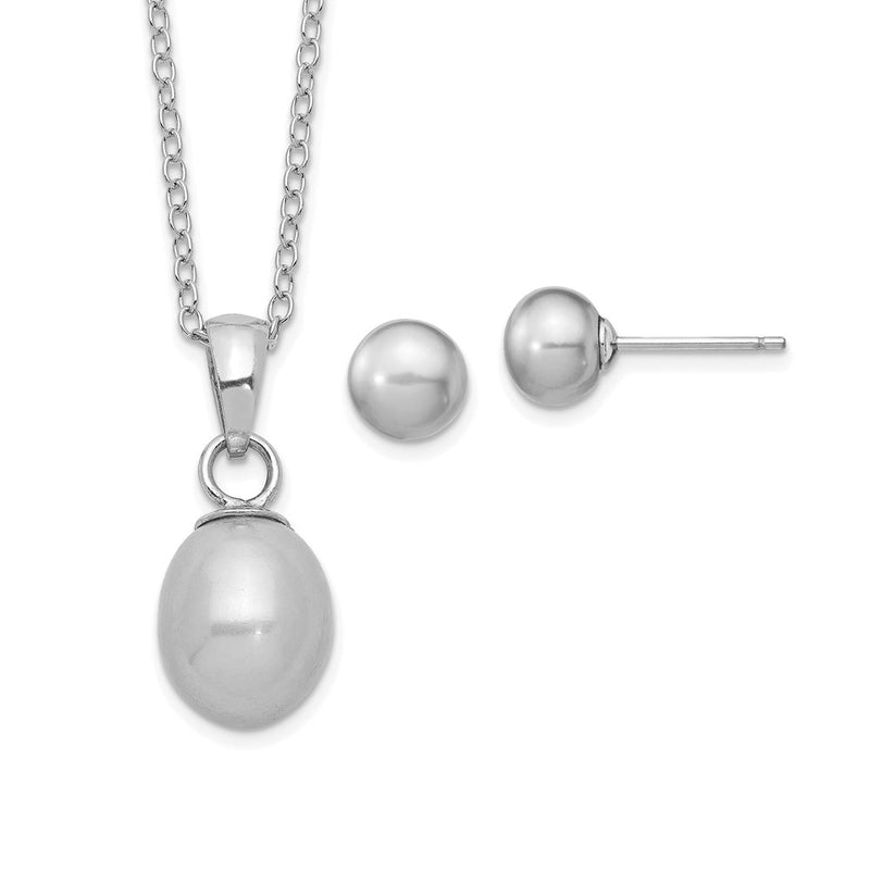 Sterling Silver Rhodium-Plated Fwc Grey Pearl Necklace/Earrings Set