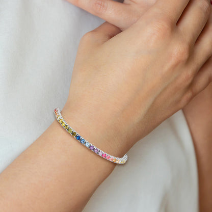 Sterling Silver Prizma Rhodium-Plated 3mm Colorful Cz Adjustable Bolo Bracelet