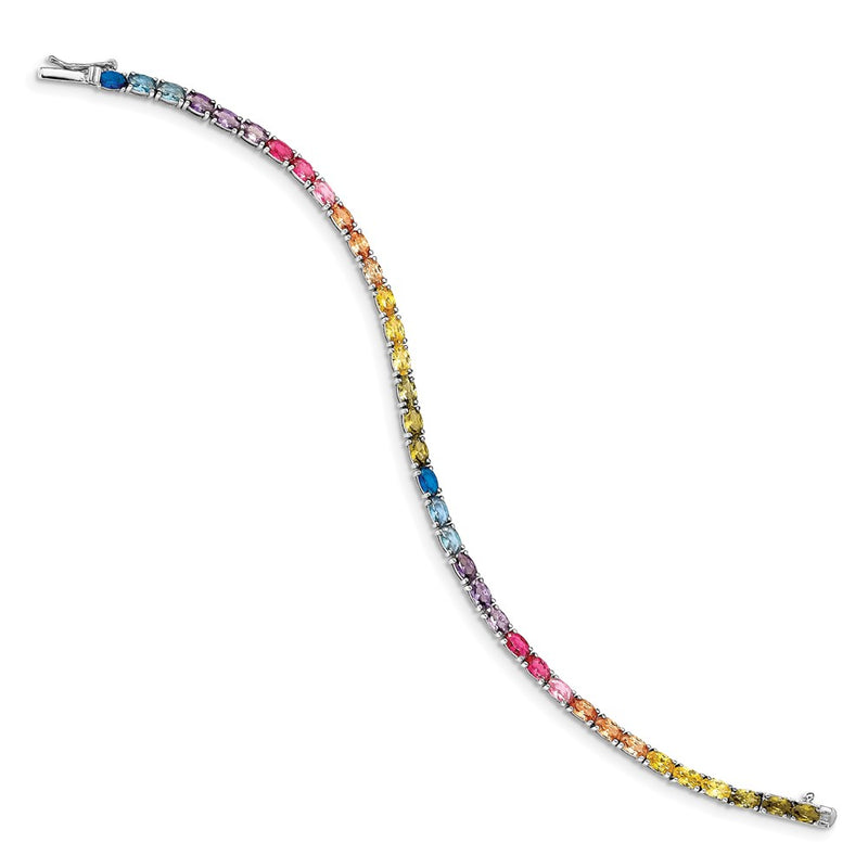 Sterling Silver Prizma Rhodium-Plated 7.5 Inch Oval Colorful Cz Tennis Bracelet