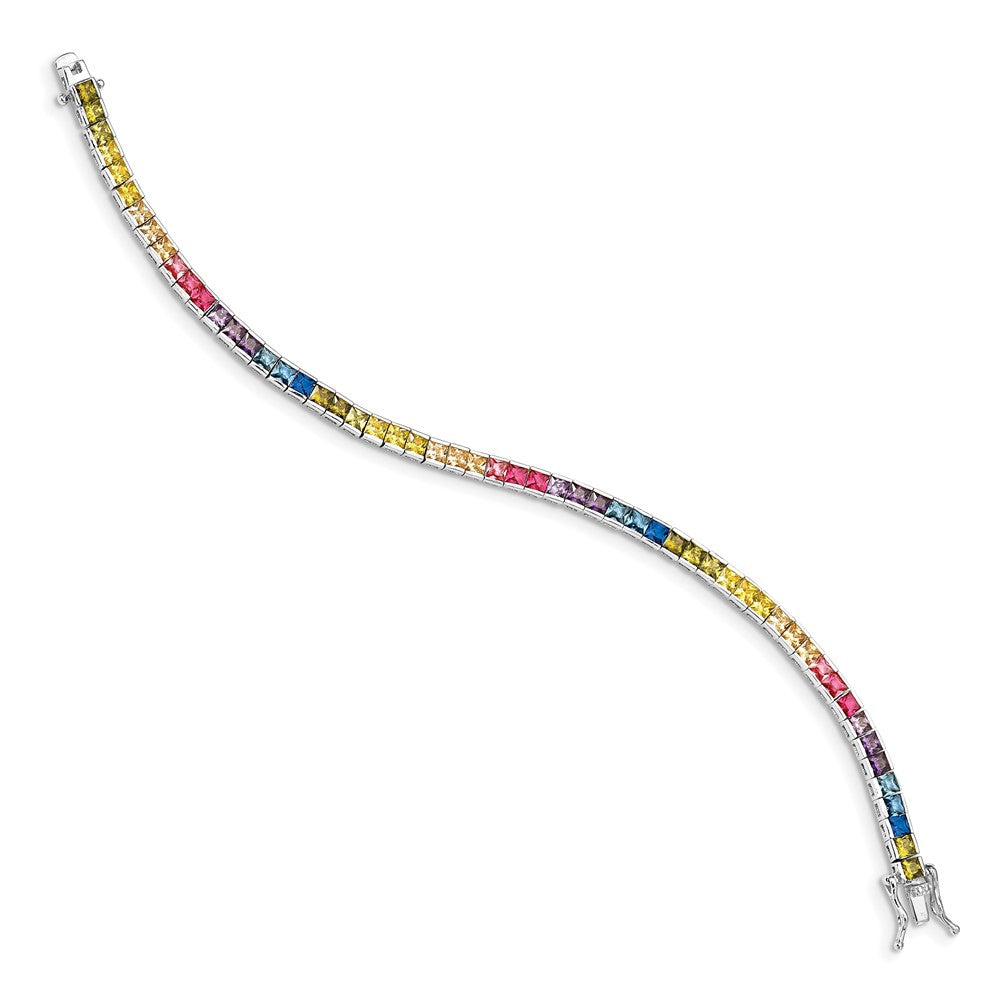 Sterling Silver Prizma Rhodium-Plated 7.25 Inch Channel-Set Colorful Cz Bracelet