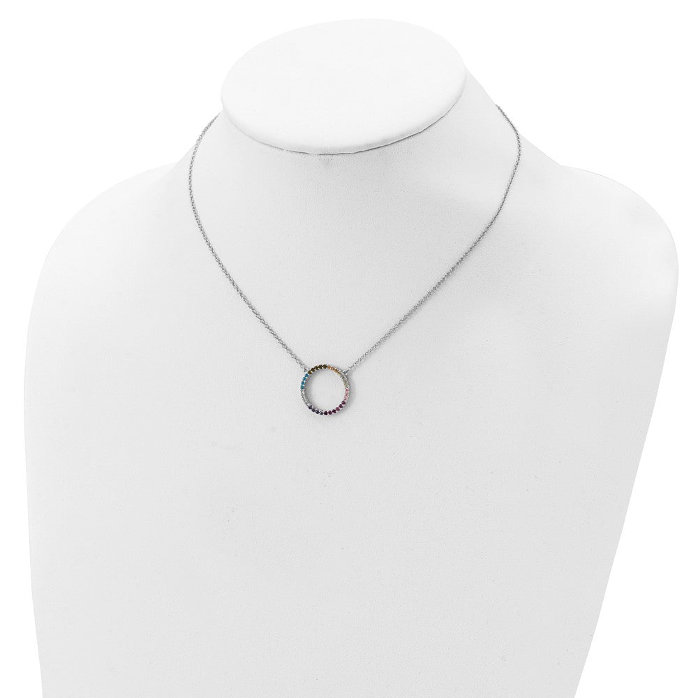 Sterling Silver Prizma Rhodium-Plated 16 Inch Colorful Cz Open Circle Necklace With 2 Extender