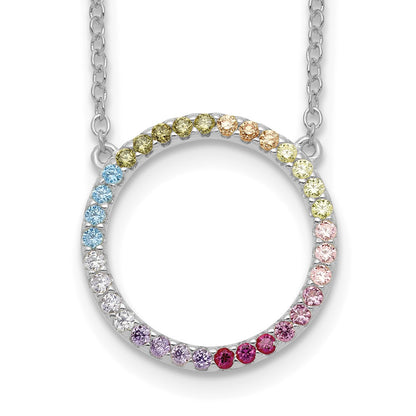 Sterling Silver Prizma Rhodium-Plated 16 Inch Colorful Cz Open Circle Necklace With 2 Extender