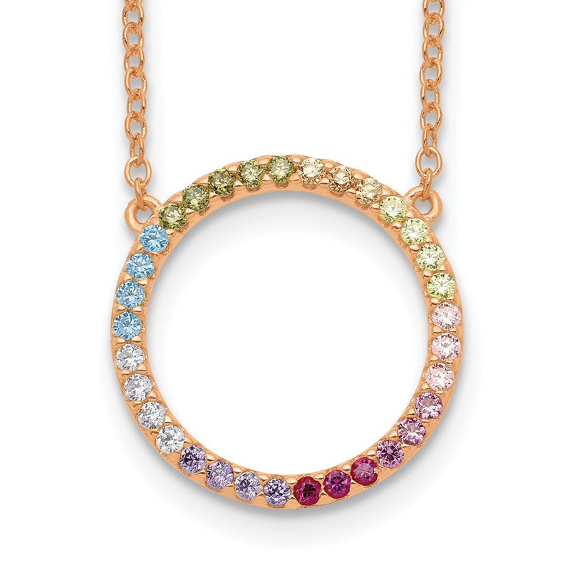 Sterling Silver Prizma Rose-Tone 14K Flash Rose Gold-Plated 16 Inch Colorful Cz Open Circle Necklace With 2 Extender