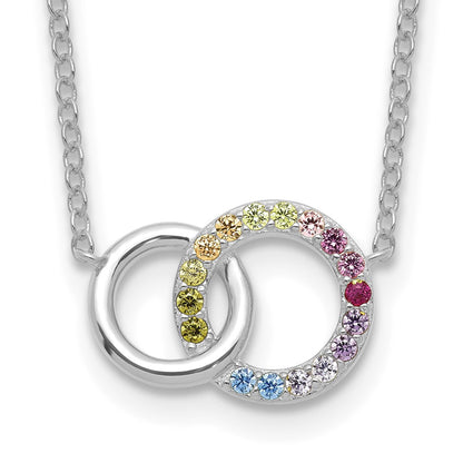 Sterling Silver Prizma Rhodium-Plated 16 Inch Colorful Cz Intertwined Circle Necklace With 2 Extender
