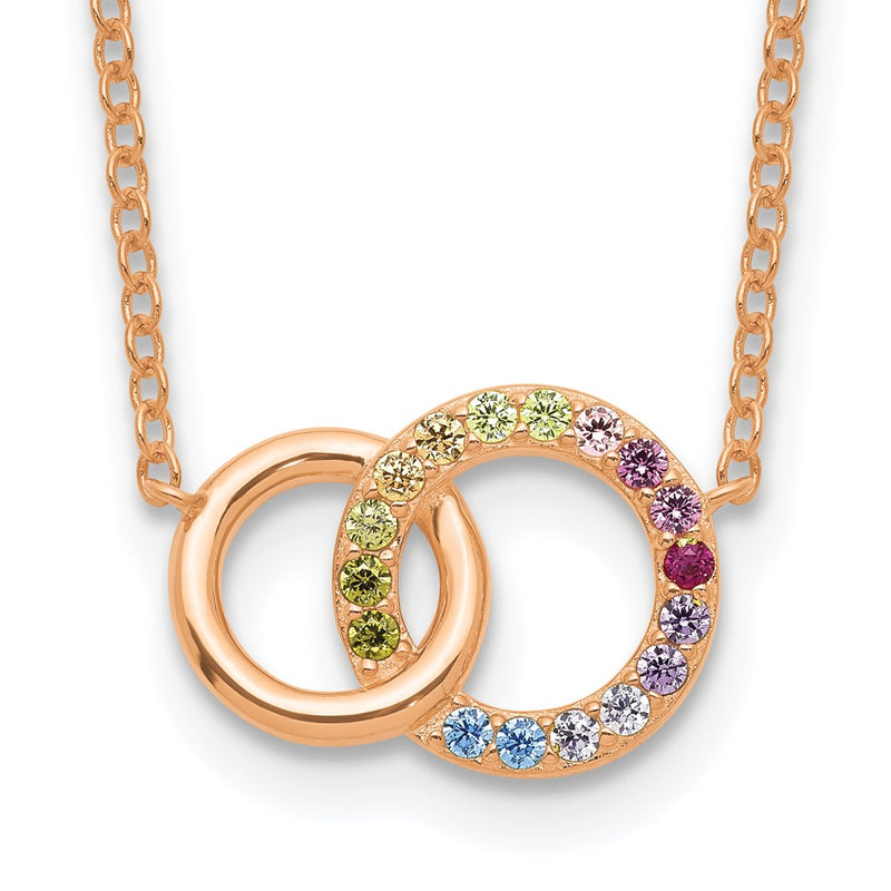 Sterling Silver Prizma Rose-Tone 14K Flash Rose Gold-Plated 16 Inch Colorful Cz Intertwined Circle Necklace With 2 Extender