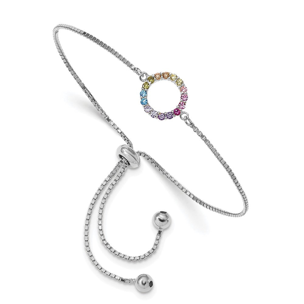 Sterling Silver Prizma Rhodium-Plated Colorful Cz Open Circle Adjustable Bolo Bracelet