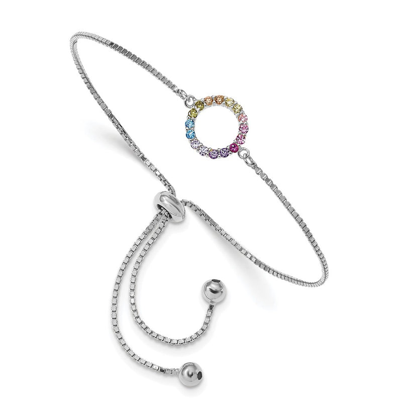 Sterling Silver Prizma Rhodium-Plated Colorful Cz Open Circle Adjustable Bolo Bracelet
