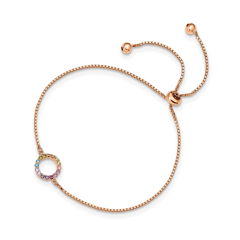 Sterling Silver Prizma Rose-Tone 14K Flash Rose Gold-Plated Colorful Cz Open Circle Adjustable Bolo Bracelet