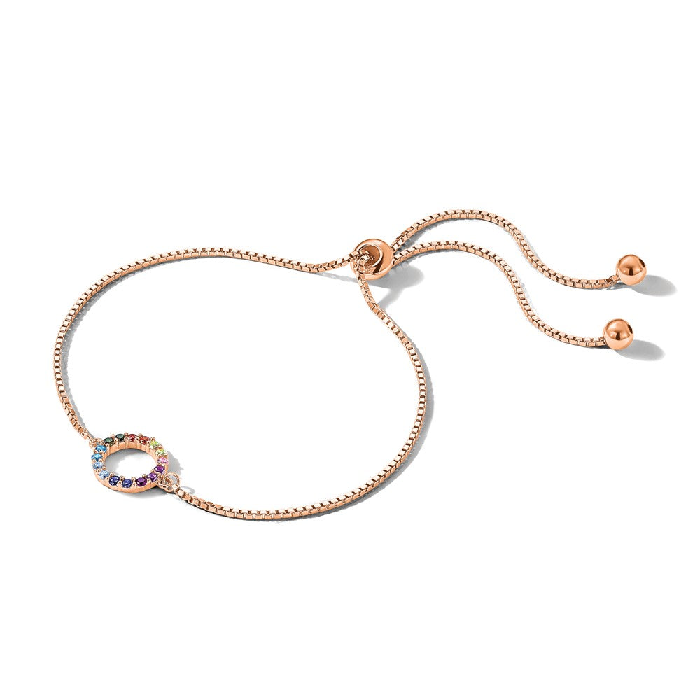 sterling-silver-prizma-rose-tone-14k-flash-rose-gold-plated-colorful-cz-open-circle-adjustable-bolo-bracelet