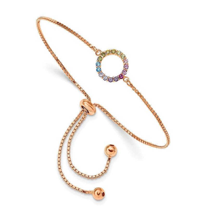 Sterling Silver Prizma Rose-Tone 14K Flash Rose Gold-Plated Colorful Cz Open Circle Adjustable Bolo Bracelet