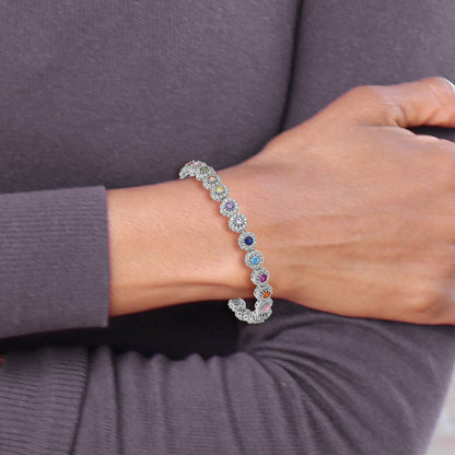 Sterling Silver Prizma Rhodium-Plated White And Colorful Cz Adjustable Bolo Bracelet