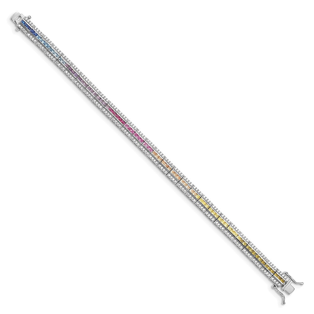 Sterling Silver Prizma Rhodium-Plated 7.25 Inch Channel-Set White And Colorful Cz Bracelet