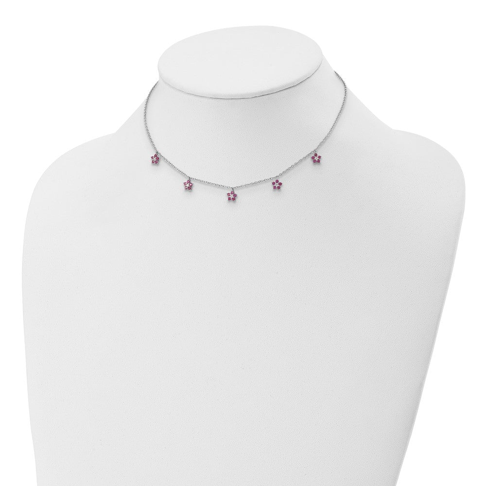Sterling Silver Rhodium-Plated Clear/Red Cz W/2In Ext. Necklace Choker