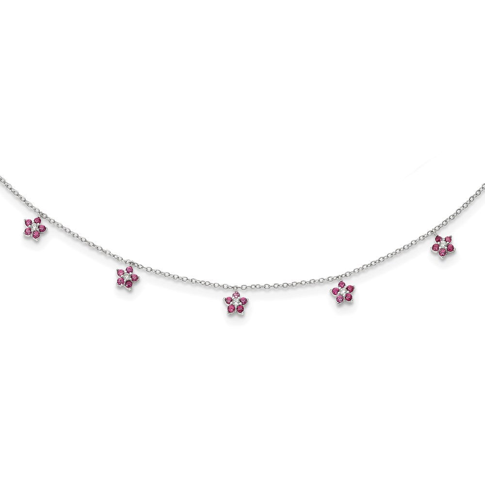 Sterling Silver Rhodium-Plated Clear/Red Cz W/2In Ext. Necklace Choker
