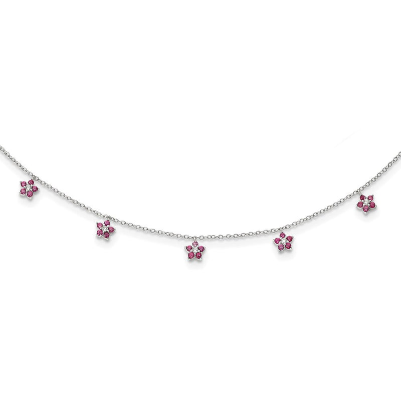 Sterling Silver Rhodium-Plated Clear/Red Cz W/2In Ext. Necklace Choker