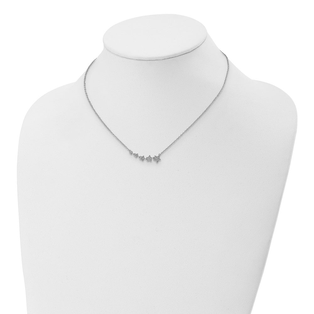 Sterling Silver Rh-Plated Graduating Cz Stars W/ 2In Ext. Necklace