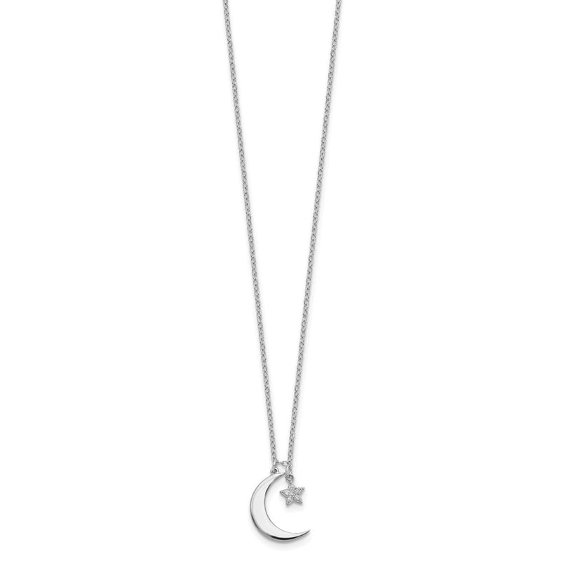 Sterling Silver Rhodium-Plated Cz Star And Moon W/ 2In Ext. Necklace