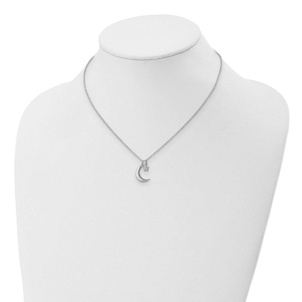 Sterling Silver Rhodium-Plated Cz Star And Moon W/ 2In Ext. Necklace