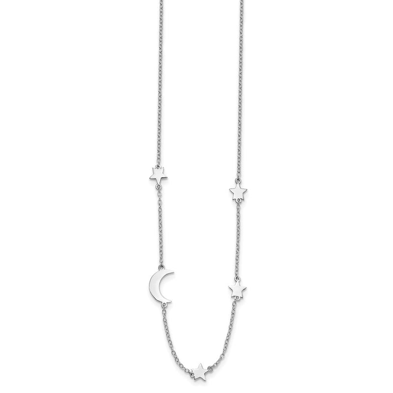 Sterling Silver Rhodium-Plated Stars And Moon W/ 2In Ext. Necklace