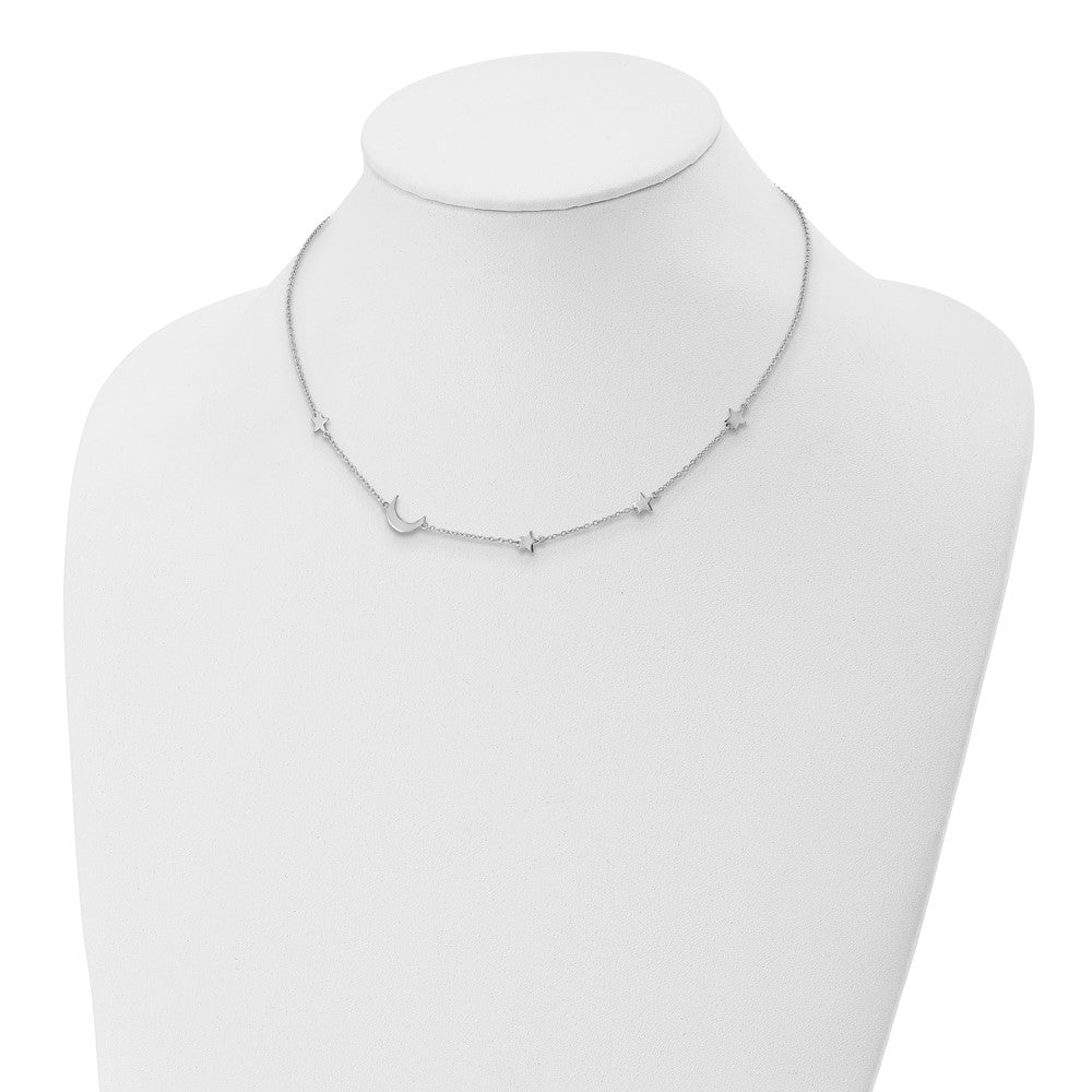 Sterling Silver Rhodium-Plated Stars And Moon W/ 2In Ext. Necklace