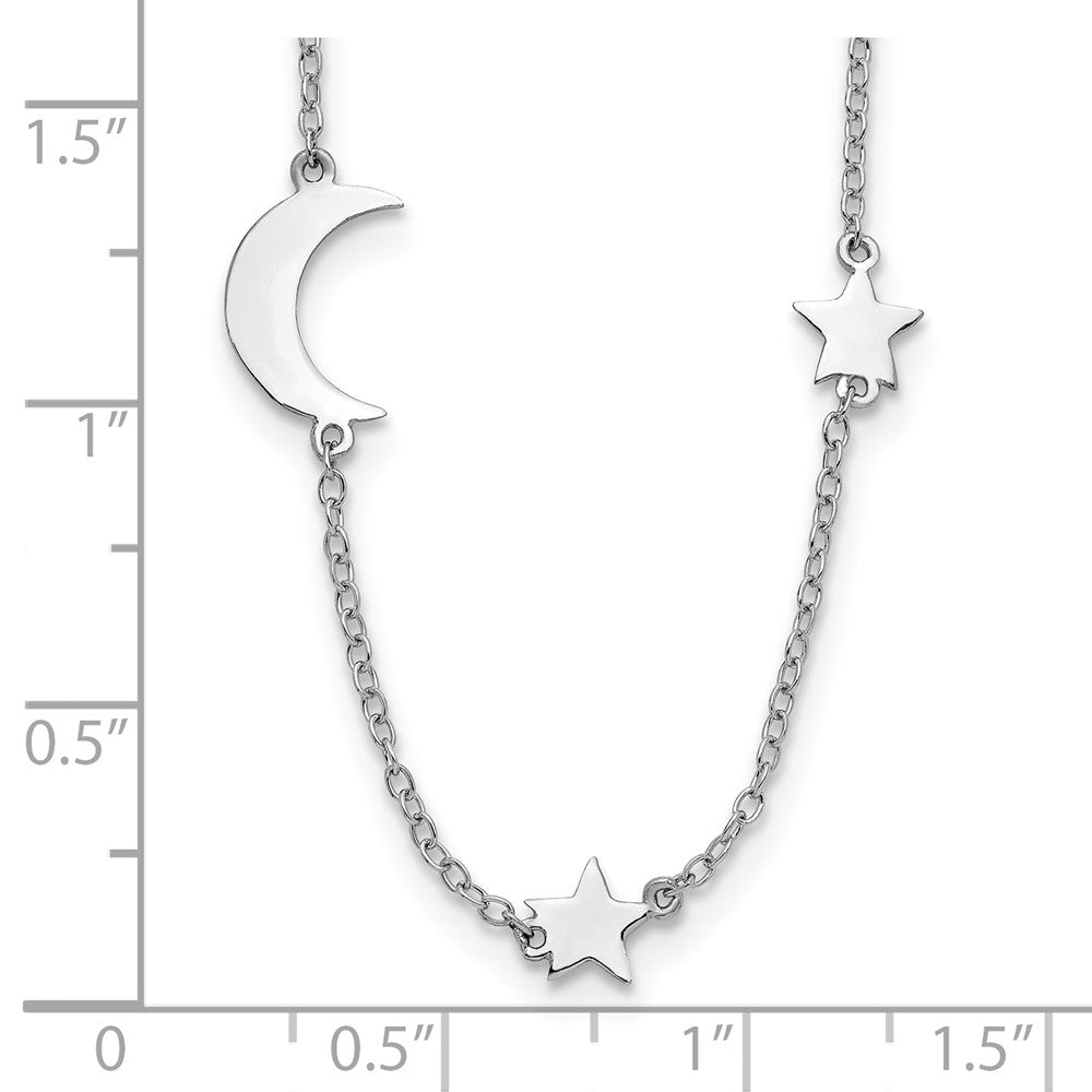 Sterling Silver Rhodium-Plated Stars And Moon W/ 2In Ext. Necklace
